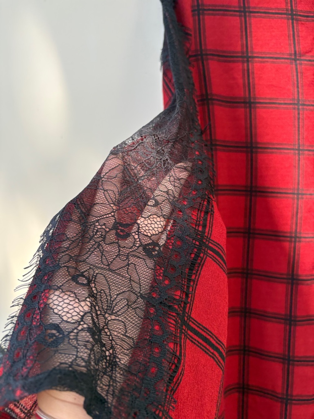 Gianni Bini Red and Black Plaid Long Sleeve Dress with Lace Shoulders - Picture 5 of 7